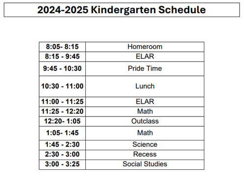 2024-2025 Kindergarten Scheduel